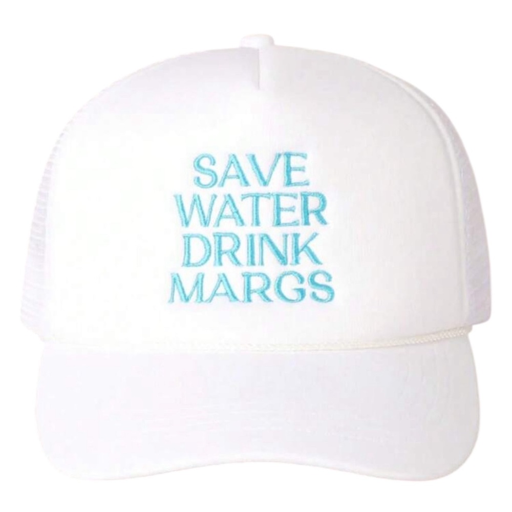 Save Water Drunk Margs White Cap with Blue Embroidery
